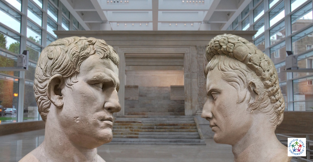 Agrippa (a sinistra) fronteggia Augusto (a destra) davanti l'Ara Pacis