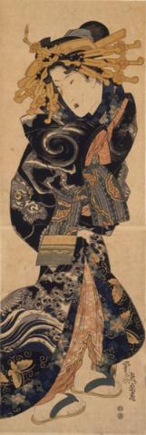 Keisai Eisen - Cortigiana che indossa un abito con disegni di nuvole e dragoni, 1818-1830 circa - Silografia policroma, 72.7x24.9 cm - Chiba City Museum of Art